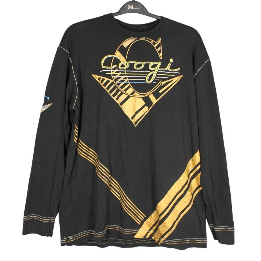 VTG Men's COOGI Black/Gold CHEVRON SHIELD LOGO Stripes LONG SLV. T-Shirt Sz XL